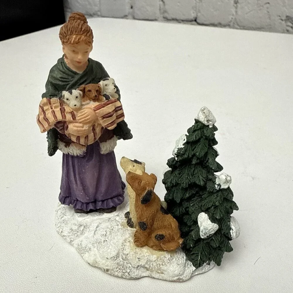Christmas Village Figurine Woman Dogs And Puppies By Rite Aid